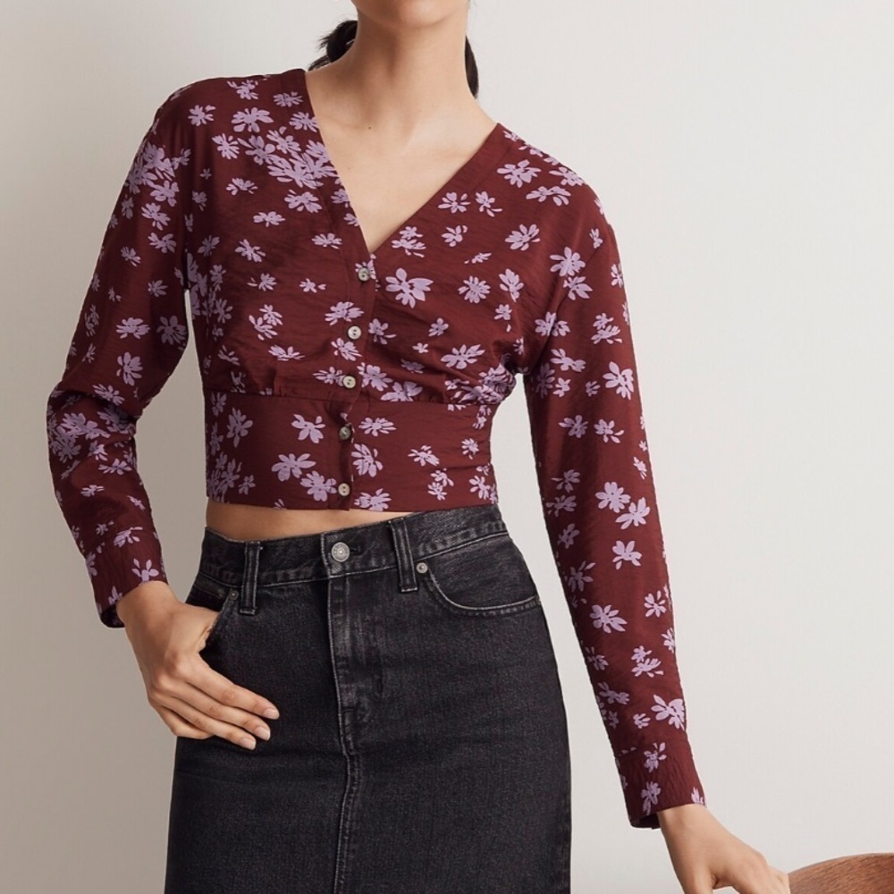 Nwt Madewell V-Neck Button-Front Floral Cropped Shirt